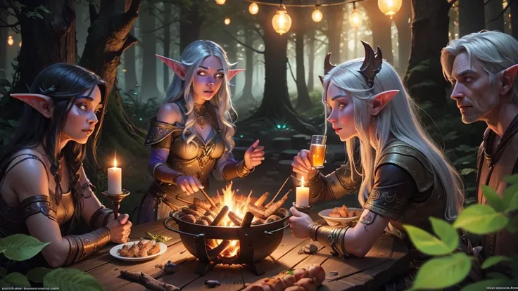 a beautiful female night elf, barbeche party in the forest, 1girl, detailed facial features, long elf ears, silver hair, nature forest background, campfire, party atmosphere, colorful lights, glowing mushrooms, detailed wood textures, detailed leaves, intr...