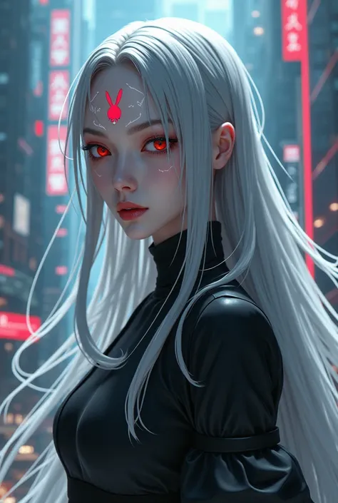  kaguya otsutsuki ,  White woman, long gray hair. Red eye on the forehead. delicate features. Two rabbit numbers. Futuristic city. Cyberpunk Style