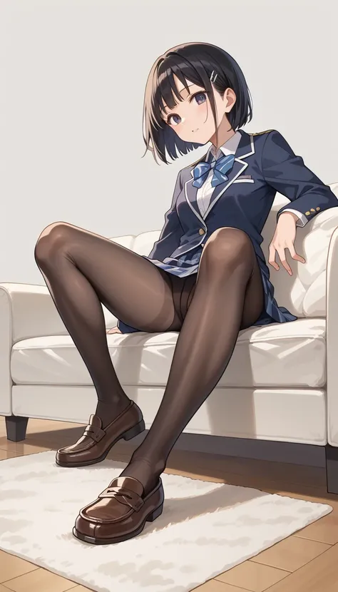  score_9,  score_8_ up the side,  score_7_ up the side, Masterpiece,(  top quality ),highlydetailed, super detailed,1 Anime Girl ,  full body, Alone,  ,   black hair,  bob cut, Small stature,  medium chest、 cleavage,  good,bottomless,   loafers,  pantyhose...