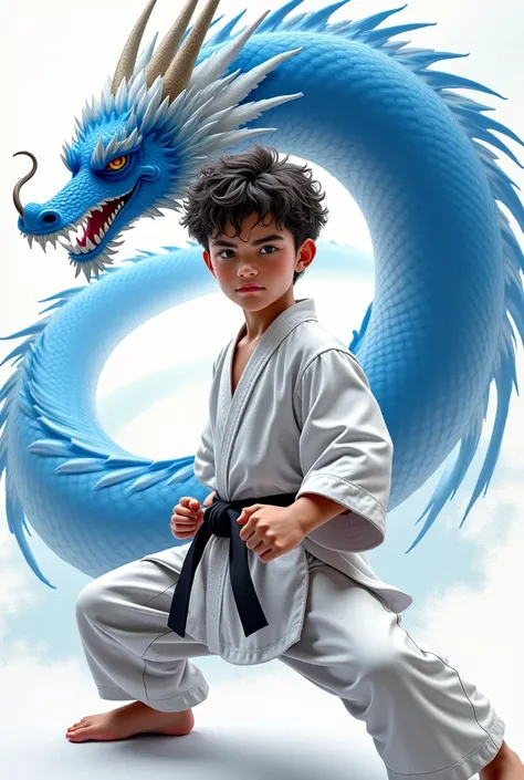 create the image of a young karate fighter, strong, with curly hair,  wearing a white kimono, a black belt , with a blue and white dragon behind it