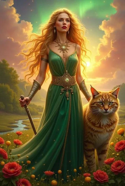 **cena**:  A vibrant and magical painting of Freyja , the goddess of love, Beleza,  fertility and magic .  The scene is shrouded in golden tones ,  red and green ,  reflecting your connection to nature ,  the passion and the divine .

**Central Figure - Fr...