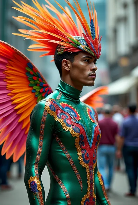 Create a men's costume for carnival with the picaflor bird 