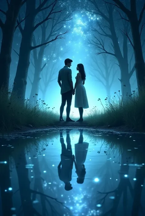  An enchanted clearing in the forest, where the grass glows faintly underfoot and a shimmering pool reflects the starry sky. Aric and Mira stand side by side, their reflections mingling in the water.