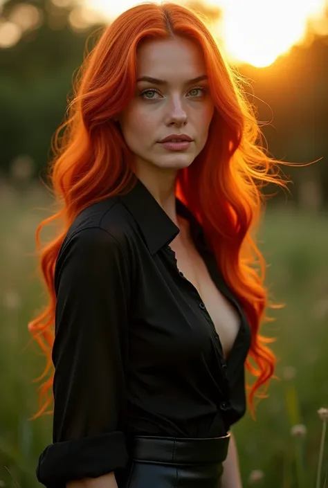 A woman with bright red hair , long and silky,  that falls softly over your shoulders . she wears a black silk blouse ,  that fits your body ,  and a tight leather skirt that highlights her curves .  Her green eyes sparkle with a seductive look ,  as she s...