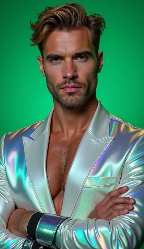 Ultra-realistic waist-up portrait of a muscular man with porcelain-white skin, smoldering sapphire eyes, and windswept burnt-blonde hair. He wears a futuristic Italian-inspired blazer: semi-transparent holographic fabric (shifting between silver and cyan) ...