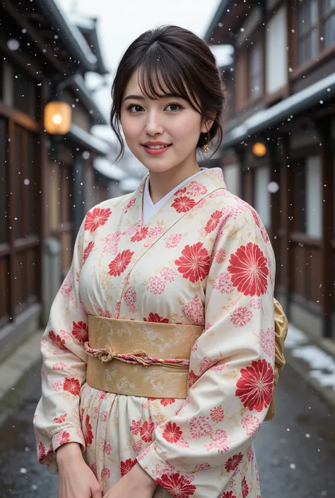 (((full body))), best quality, masterpiece, super high resolution, beautiful Japanese girl, Kind Face, green eyes, kind smile, Curvy Body, big boobs, updo brown hair, Japanese female Cloth Outfit, Japanese kimono, In Old Japanese-style street, snow, night:...
