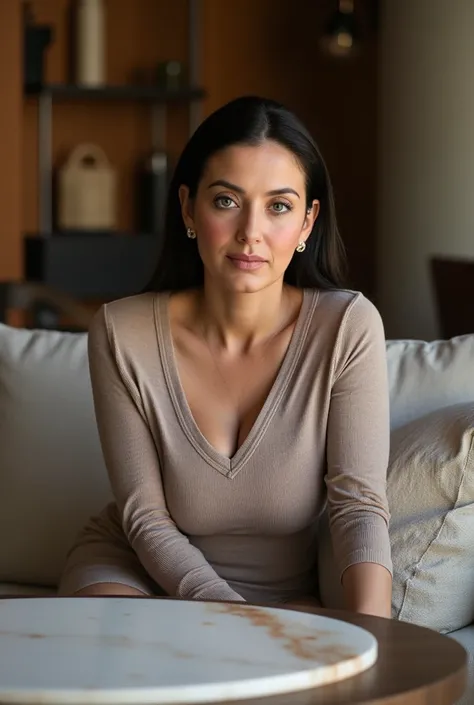 A stunning 50-year-old woman from Los Altos de Jalisco, seated elegantly on a plush neutral-toned sofa in a modern living room. She wears a well-fitted sweater that adds warmth to her sophisticated look. Her deep green eyes gaze softly ahead, framed by sub...