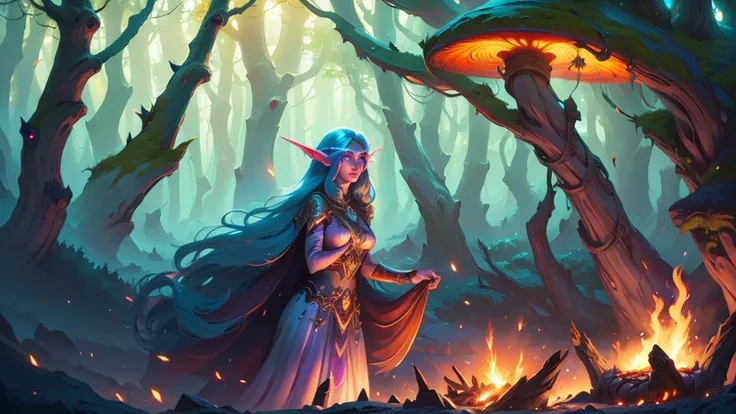 a beautiful female night elf, pig roast, glowing mushroom's, detailed portrait, highly detailed, intricate, fantasy art, concept art, digital painting, cinematic lighting, dramatic lighting, warm colors, vibrant colors, rich colors, mystical atmosphere, wh...