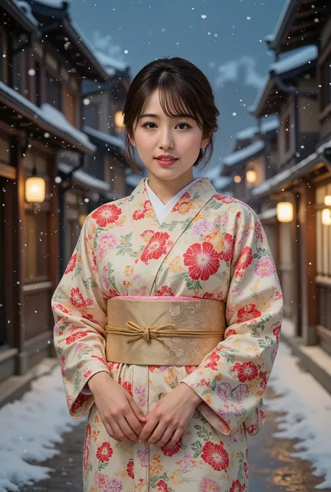 (((full body))), best quality, masterpiece, super high resolution, beautiful Japanese girl, Kind Face, green eyes, kind smile, Curvy Body, big boobs, updo brown hair, Japanese female Cloth Outfit, Japanese kimono, In Old Japanese-style street, snow, night:...