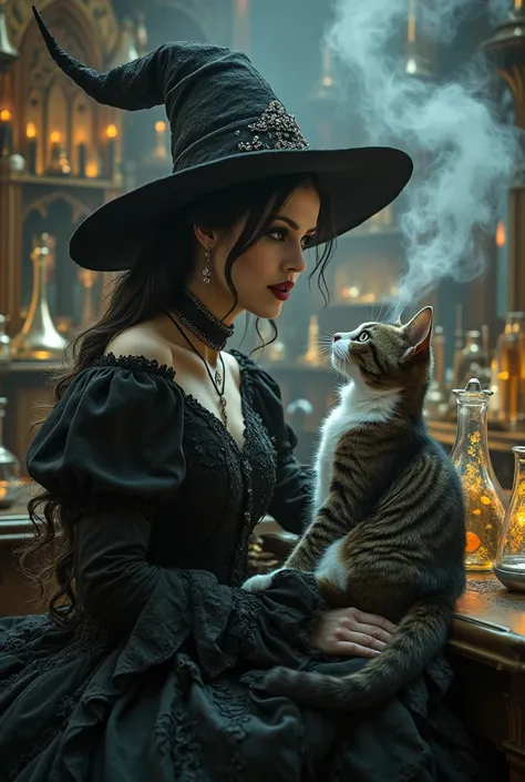 a beautiful witch in her laboratory, talking to her black cat, highly detailed, intricate details, elegant, refined, sophisticated, detailed facial features, volumetric lighting, ornate decor, 1 girl, penetrating eyes, alluring lips, long eyelashes, ornate...