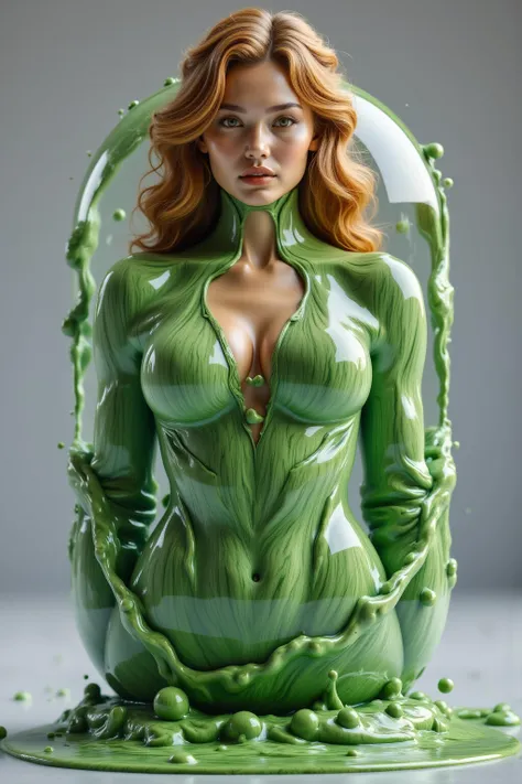 photo-realistic, ultra-realistic, very beautiful french girl, famous french idol, 20 years old, dramatic scene, masterpiece, beautiful eyes, wear a green slime skinsuit, She is trapped in a transparent body-fitting humanoid container full of green slime li...