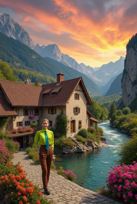 Small village by the river, mountains in the background, colorful flowers, detailed landscape, beautiful natural landscapes, atmospheric lighting, scorching sunset, warm colors, practical, photo practical, detailed foliage, intricate buildings, cobbled str...