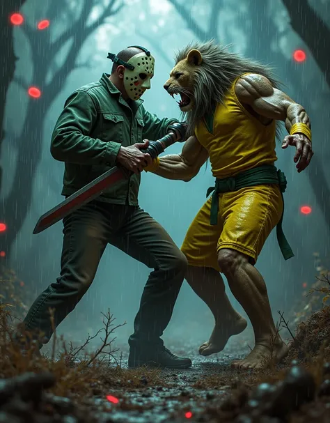 ( photorealism:1.2),  Jason Voorhees versus a lion man dressed in yellow with green details, Jason is winning the battle , night , Rain and lightning ,  twisted with red reflectors behind  