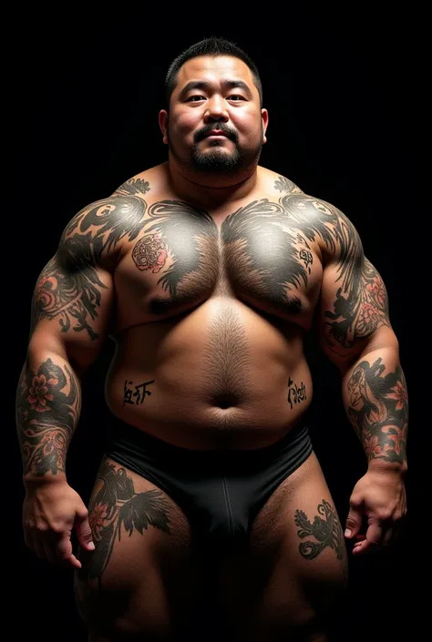 (Black Background:1.5)。Shirtless, fat, and strong Asian middle-aged male bodybuilder 。 Huge Muscles。 his whole body is covered with vivid Japanese-style tattoos without gaps。 bust shot。