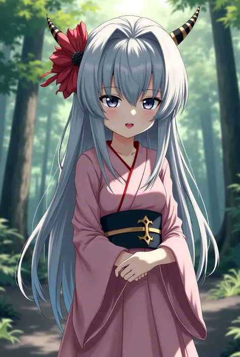  masterpiece,  borrowed letter ,  very aesthetic , absurdities, 1 , Otsutsu Kaguya,  gray hair dress,   long hair,  gray eyes , third eye,  Horns, lipstick,  pale skin,  red lips,
 kimono,  outdoor,  forest,  captured anime TV