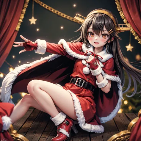 harunaxmasKC, 1girl, solo, long hair, hair ornament, gloves, dress,hairband, hairclip, belt, signature, fingerless gloves, fur trim, capelet, headgear, red dress, red gloves, santa costume, black belt, fur-trimmed gloves, red capelet, fur-trimmed capelet, ...