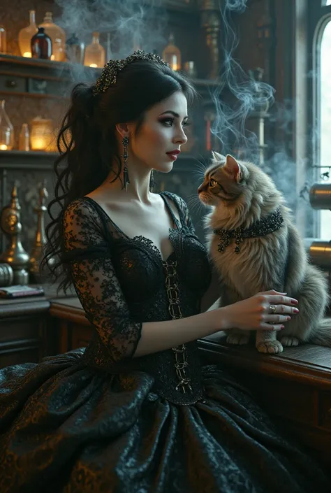 a beautiful witch in her laboratory, talking to her black cat, highly detailed, intricate details, elegant, refined, sophisticated, detailed facial features, volumetric lighting, ornate decor, 1 girl, penetrating eyes, alluring lips, long eyelashes, ornate...