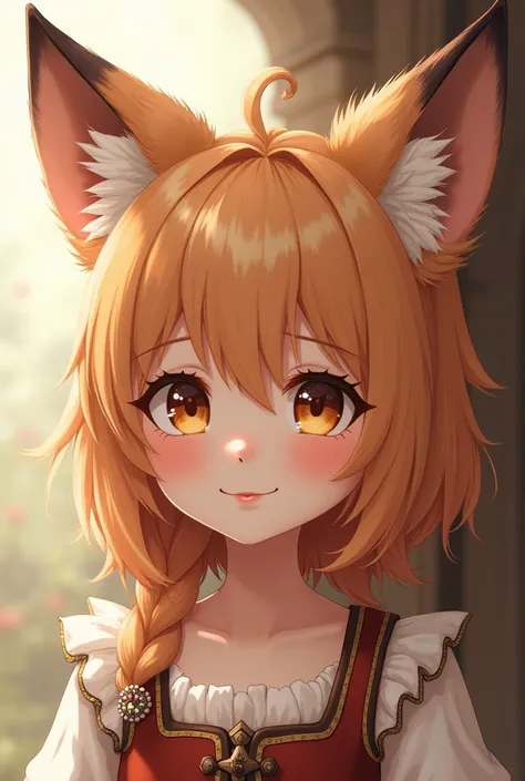 A close-up of a cute fox-girl from medical times. She’s wearing medieval style clothes. Cute. Smiling. Anime 