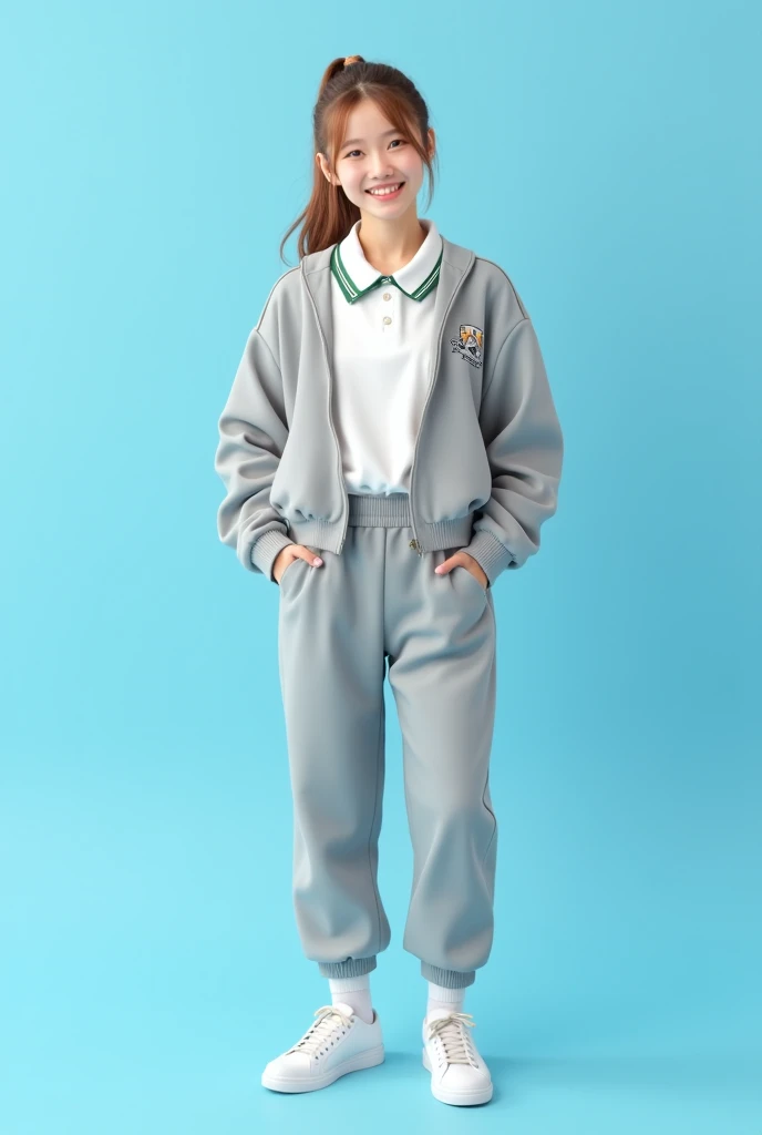  a girl of about  , That she doesn't look so young ,  with light brown hair tied in a ponytail ,  wears a classic school sweatshirt .  He wears a white shirt with a polo-type collar with green lines that come out of the bag, light gray sports pants and a l...