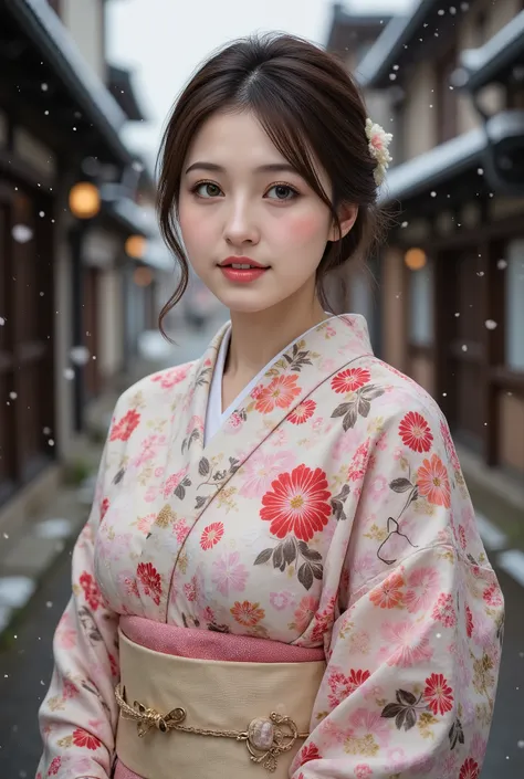 (((full body))), best quality, masterpiece, super high resolution, beautiful Japanese girl, Kind Face, green eyes, kind smile, Curvy Body, big boobs, updo brown hair, Japanese female Cloth Outfit, Japanese kimono, In Old Japanese-style street, snow, night:...