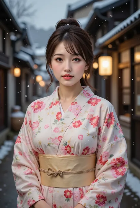 (((full body))), best quality, masterpiece, super high resolution, beautiful Japanese girl, Kind Face, green eyes, kind smile, Curvy Body, big boobs, updo brown hair, Japanese female Cloth Outfit, Japanese kimono, In Old Japanese-style street, snow, night:...