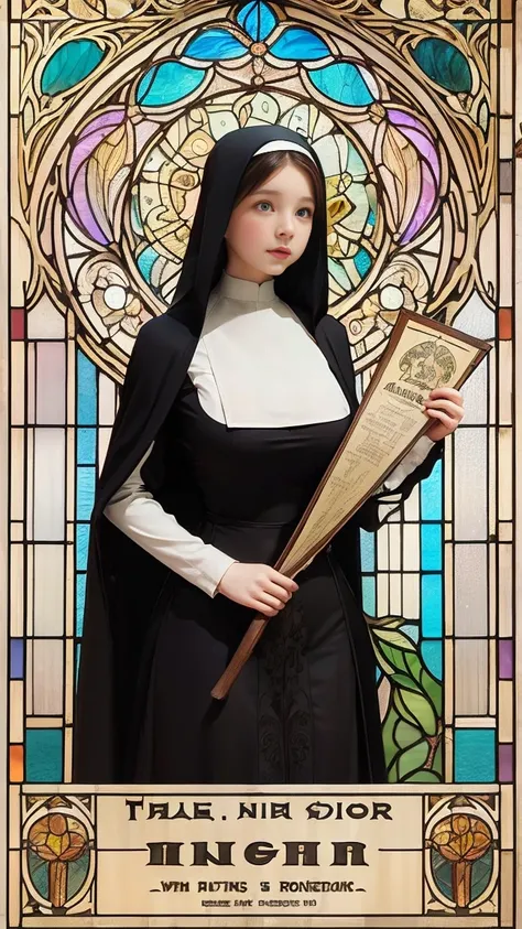 Emma Myers,  absurd,  top quality, 1 girl, Alone,  light brown hair,  ( Stained Glass Background ), (( art nouveau style poster)),  are standing、（Big Breasts、Nun&#39;s clothing、 with long hair ：3）、full body pantyhose、winter、butterfly々、