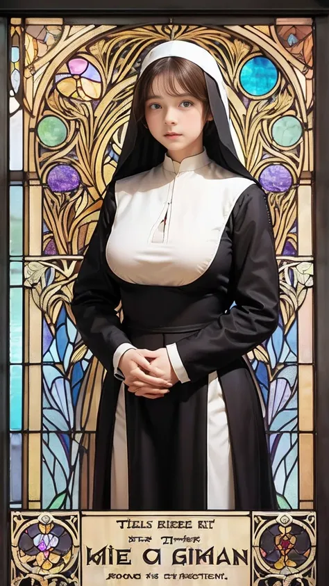 Emma Myers,  absurd,  top quality, 1 girl, Alone,  light brown hair,  ( Stained Glass Background ), (( art nouveau style poster)),  are standing、（Big Breasts、Nun&#39;s clothing、 with long hair ：3）、full body pantyhose、winter、butterfly々、