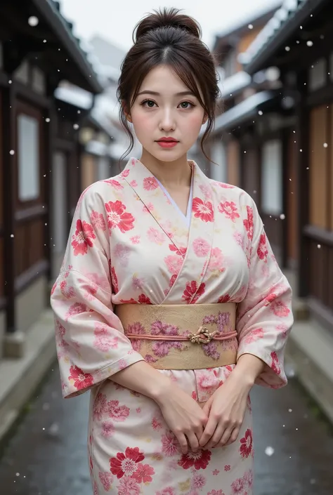 (((full body))), best quality, masterpiece, super high resolution, beautiful Japanese girl, Kind Face, green eyes, kind smile, Curvy Body, big boobs, updo brown hair, Japanese female Cloth Outfit, Japanese kimono, In Old Japanese-style street, snow, night:...