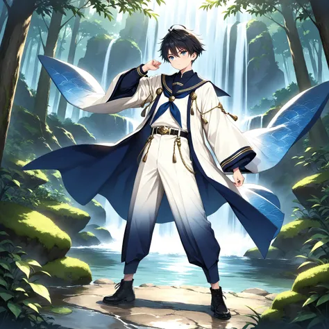 (masterpiece, best quality), 
1boy   ,Shinkai Nagi,full body,black short hair,blue eyes,haori with white to midnight blue gradient, wide kimono sleeves, gold seigaiha wave pattern near sleeve cuffs, furisode-style sleeves, sailor uniform, 
(cropped navy pa...