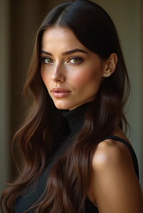  A highly realistic woman in high definition , with long half-tied brown hair, smooth and shiny,  falling softly over the shoulders . Her brown and penetrating eyes have a captivating tone, with voluminous eyelashes and well-defined eyebrows.  She has intr...