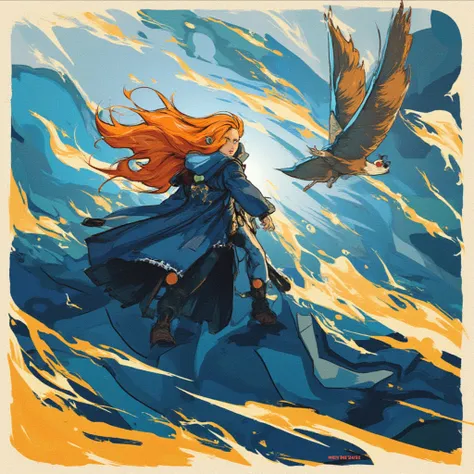 lone orange hair on long spread dark blue robe girl, eagle aside her, on illustration line art medium, painting finishings half painted and watercolor, artistic abstract waves shapes and stripes, arrangements of waves, blue, dark blue and golden yellow pai...