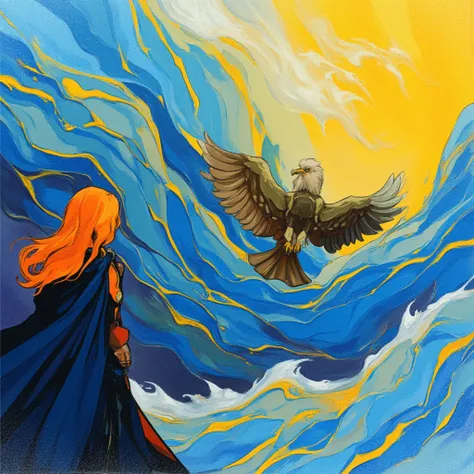 lone orange hair on long spread dark blue robe girl, eagle aside her, on illustration line art medium, painting finishings half painted and watercolor, artistic abstract waves shapes and stripes, arrangements of waves, blue, dark blue and golden yellow pai...