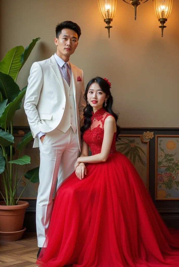 " pair of korean lovers , man standing and woman sitting. The man standing was wearing a white suit with a white shirt and striped tie, while the seated woman wore a long red dress with intricate detailing and a full skirt. wearing high heels , look at the...