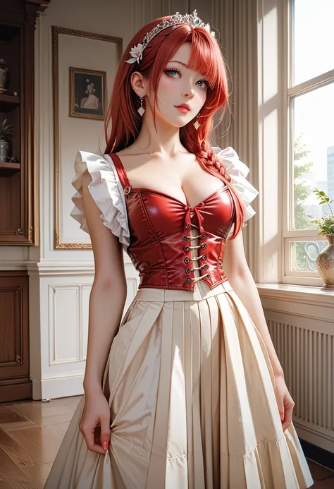 red satin corset gown, with a plunging neckline that would make my cleavage spill out. The corset would cinch at my waist, accentuating my hourglass figure before flaring out into a short, pleated skirt that would ride up with every step.