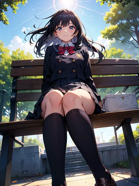 cinematic angle, solo focus,masterpiece, best quality, extremely detailed, absurdres, ((from below)) ,lens flare, very aesthetic,one cute girl has black shlrt hair, (wind), the background is park,sit on a bench,
, the girl wearing (school uniform ),light s...