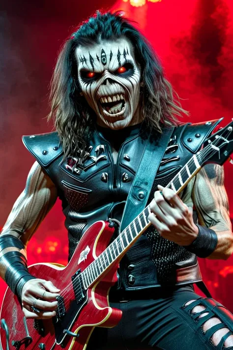 A cinematic poster of Eddie.  glowing eyes, playing Guitar, rocking out, metal , heavy metal band promo, playing guitar onstage, thrash metal, guitarist, evil rock concert, badass filters and effects, in style of heavy metal . Realistic, Detailed, intricat...