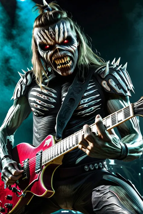 A cinematic poster of Eddie.  glowing eyes, playing Guitar, rocking out, metal , heavy metal band promo, playing guitar onstage, thrash metal, guitarist, evil rock concert, badass filters and effects, in style of heavy metal . Realistic, Detailed, intricat...