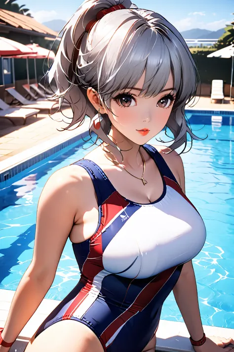  1 woman、 big breasts、 Silver Hair Ponytail 、a woman wearing a classic and refined retro sports swimsuit。design is from the 1970s〜reminiscent of 1980s style、a simple and functional one-piece swimsuit。the colors are navy and deep red、with subtle accents on ...