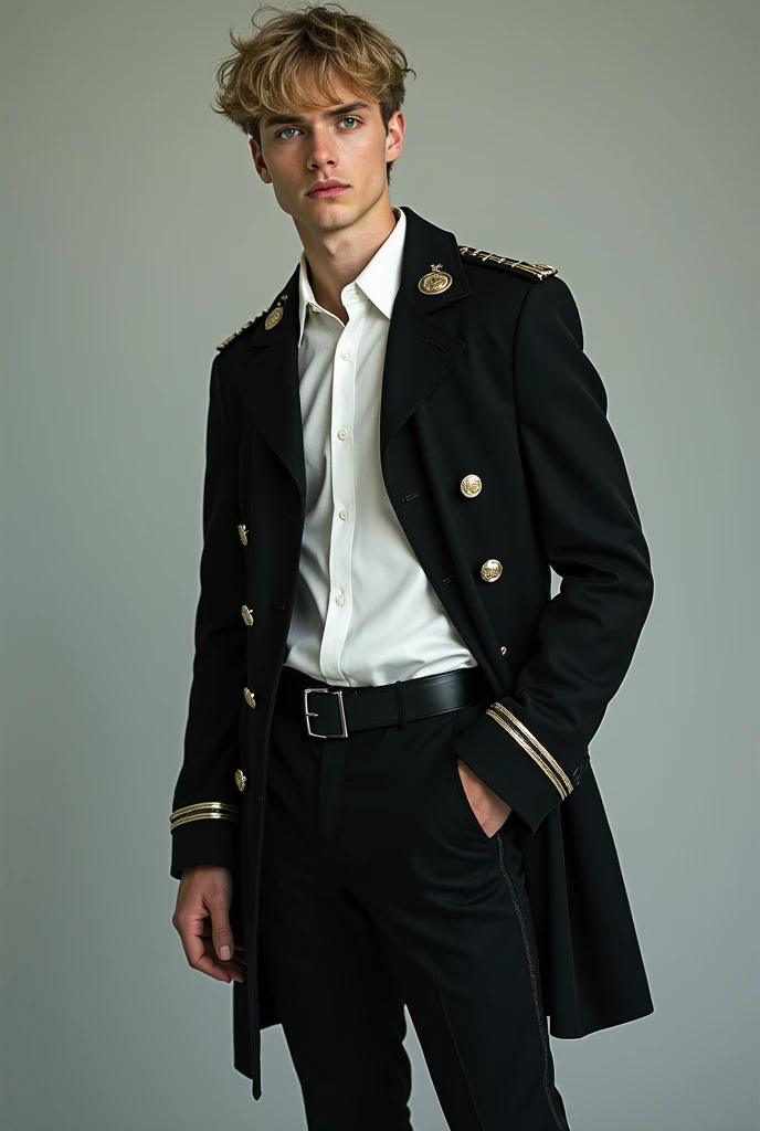 Create an image of a guy with light frizzy hair ,  blue eyes wearing a military jacket and a white blouse,  black pants and black sneakers  