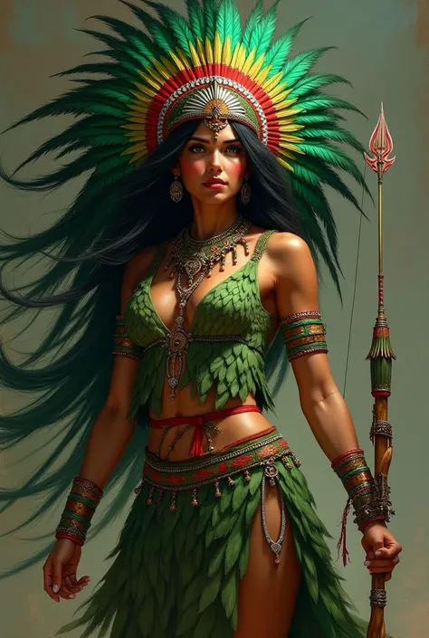  Indian woman with medium black hair wearing a green and red headdress and wearing a green feather skirt with a bow and arrow in her hand 