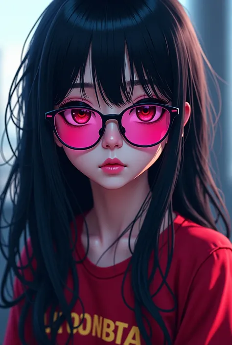 Long black hair Colombian shirt dark pink anime glasses 
