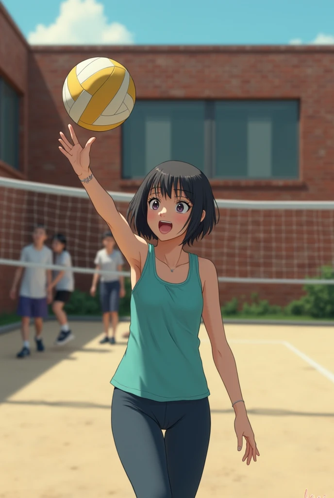 A realistic photo of a girl with short black hair playing volleyball with a cyan tank top , dark blue leggings on a schoolyard with brick walls in a one level only building with a window and without the volley net and people walking around in the backgroun...