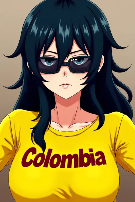 Long black hair dark glasses anime yellow shirt that says Colombia 