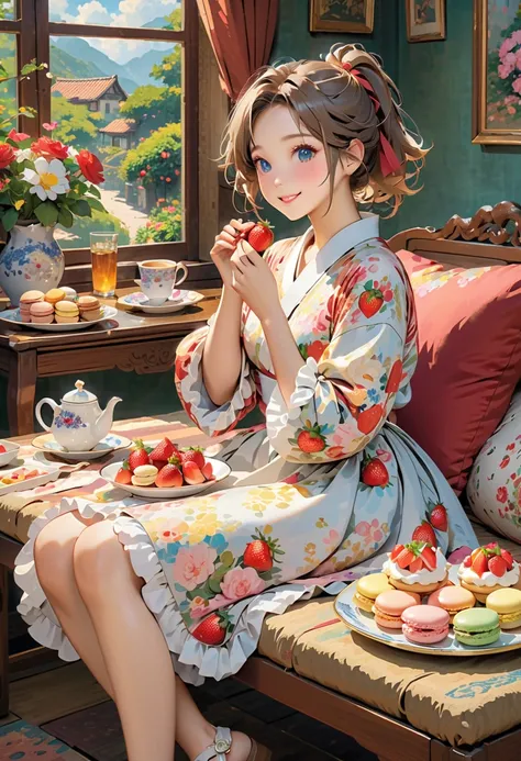  top quality、 high resolution、( high image quality:1.2)、 Masterpiece、 detailed background on a futon、age beauty、 big size、 highly detailed face、 is anatomically correct、Normal number of fingers、Bright-colored hair、Braided bob cut、 ponytail、
 tea time with ...