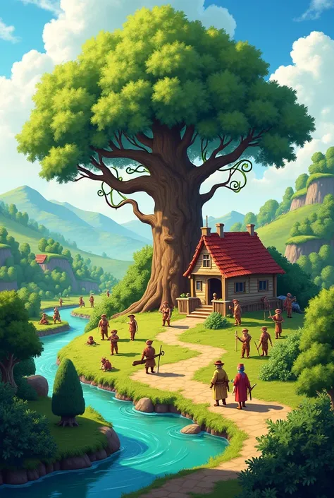 Image: A peaceful village  by lush greenery, with farmers, hunters, and traders working together. A river flows nearby, ren play, and elders sit under a great tree.
