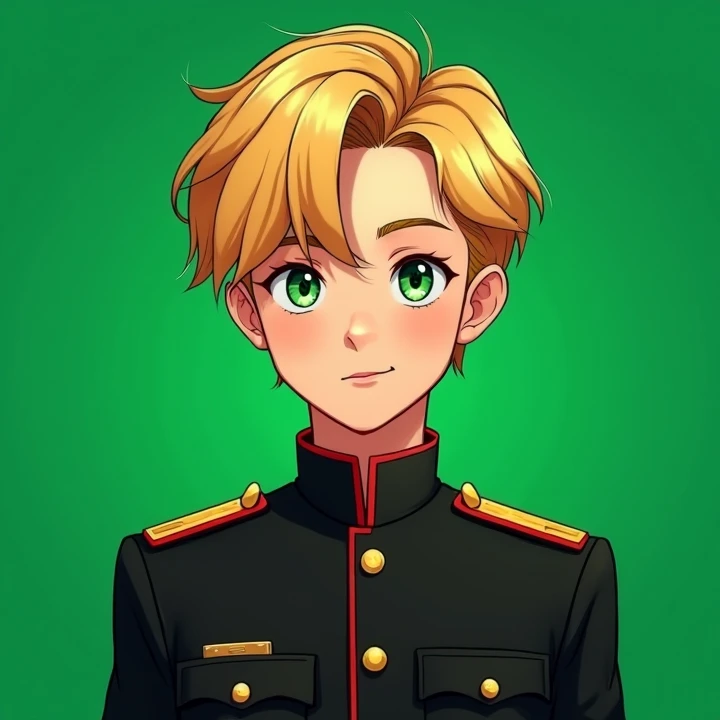 Beautiful young man,  with blond hair, green-eyed , Wearing a black military lieutenant's suit , green background ,  the best quality , 4k, 8K,  high resolution,  masterpiece :1,2),  ultra detailed,  lighting Cinematography,  dynamic pose ,  vibrant colors...