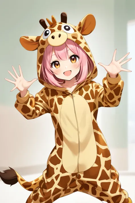 Girl, girrafe animal costume, flying pose, smile