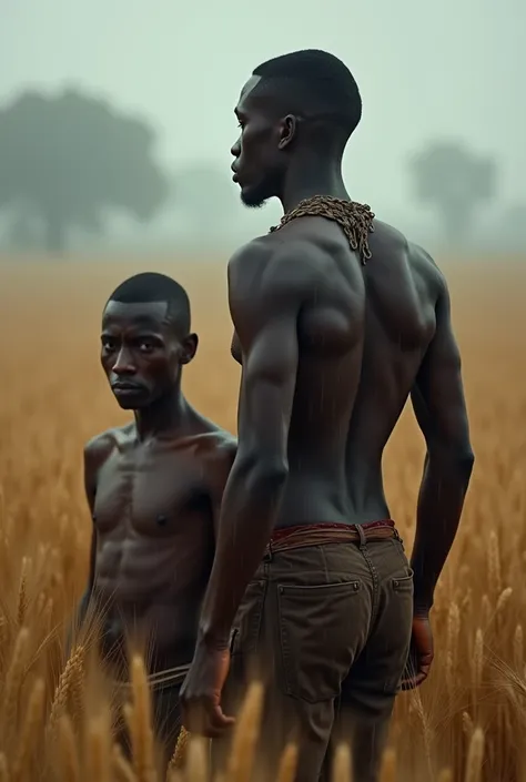 A skinny lahori boy darkest skin tone getting chained likes slave by his black master in the wheat fields of his village. Shirtless. Wearing nothing at all. Showing back side butts all friends, master is standing and slave is sitting. Only darkest body ton...