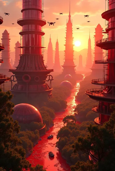 **"THE MAD HATTER. destroyed futuristic city .  Red glass skyscrapers reflect the Martian sunset.  Drones fly over suspended streets ,  where humans and robots live together .  Transparent tunnels link verdant domes ,  filled with adapted vegetation ,  whi...