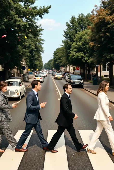 Thousands of Brits celebrate Beatles Day with smiles and gaiety as they imitate Abbey Road's album cover at Abbey Road in London amidst confetti